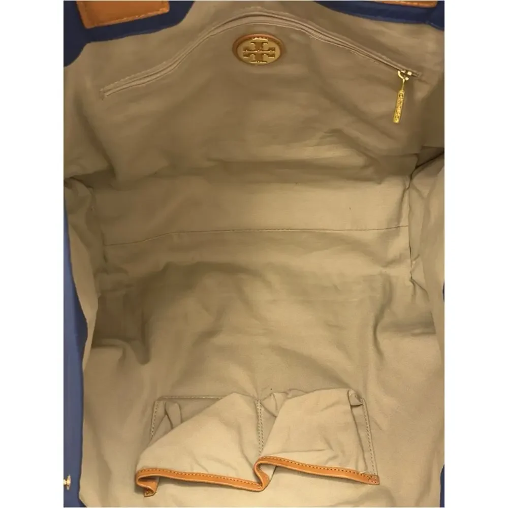 Tory Burch Navy Tote with Tan Leather Accents and Logo
